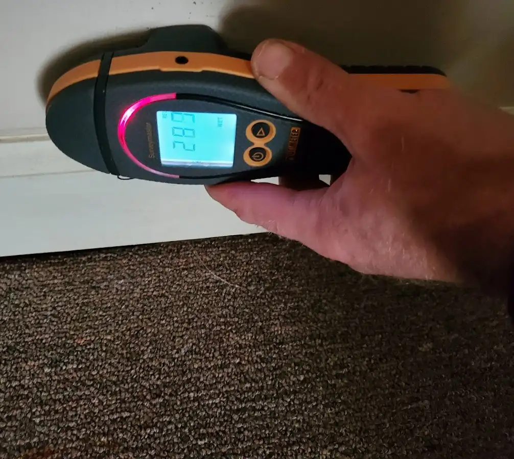 Moisture detection at baseboard during Storm Damage Restoration in Braidwood
